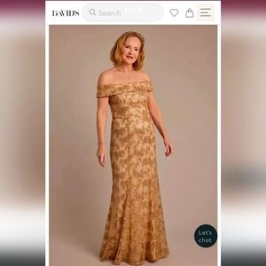 Oleg Cassini Elegant Gold Off-Shoulder Lace Dress